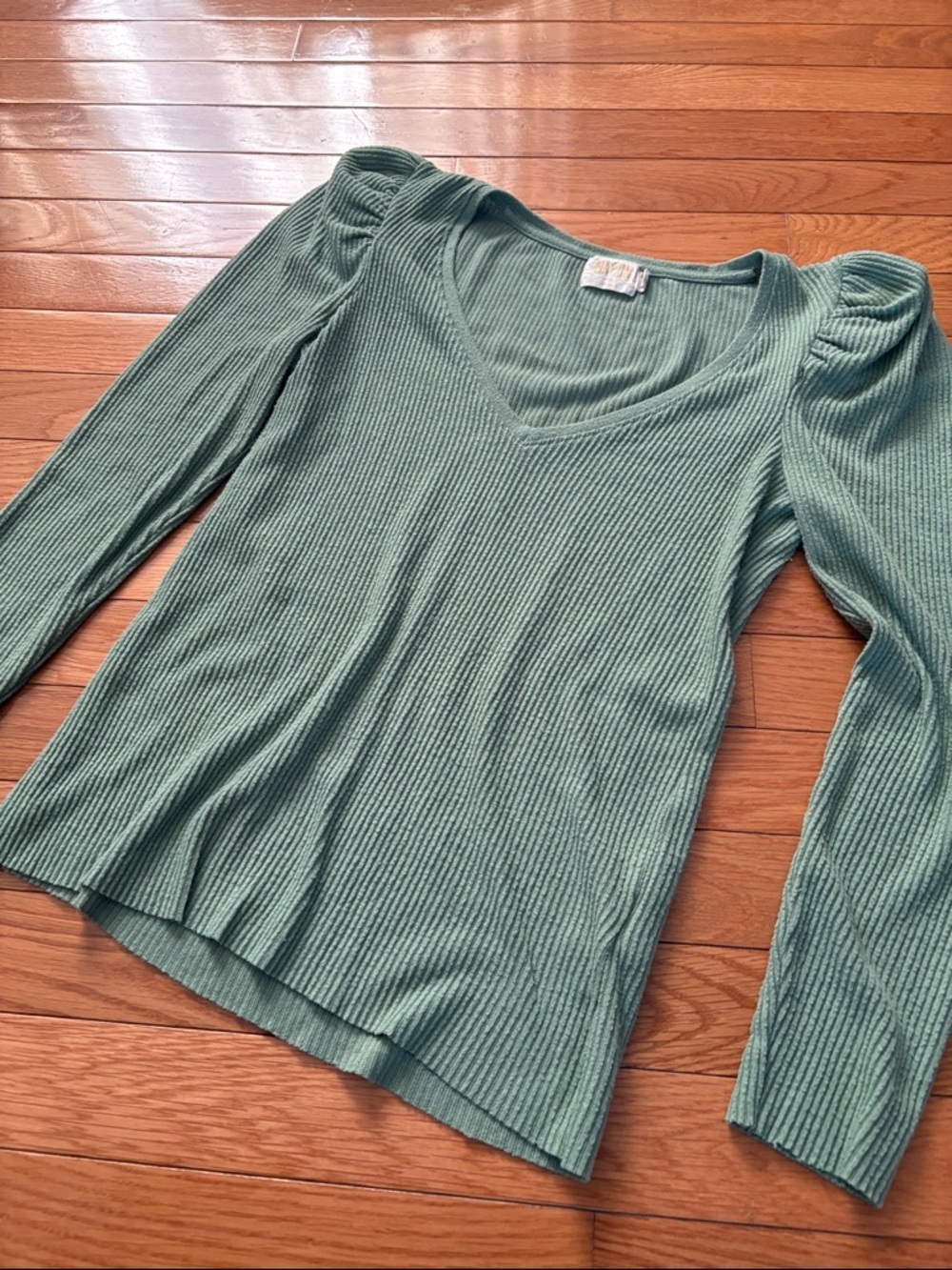 Nation LTD Ribbed V-Neck Long Sleeve Top in Sage Green - Picture 5 of 7